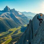 Climber on a rocky mountain face in the Alps.
